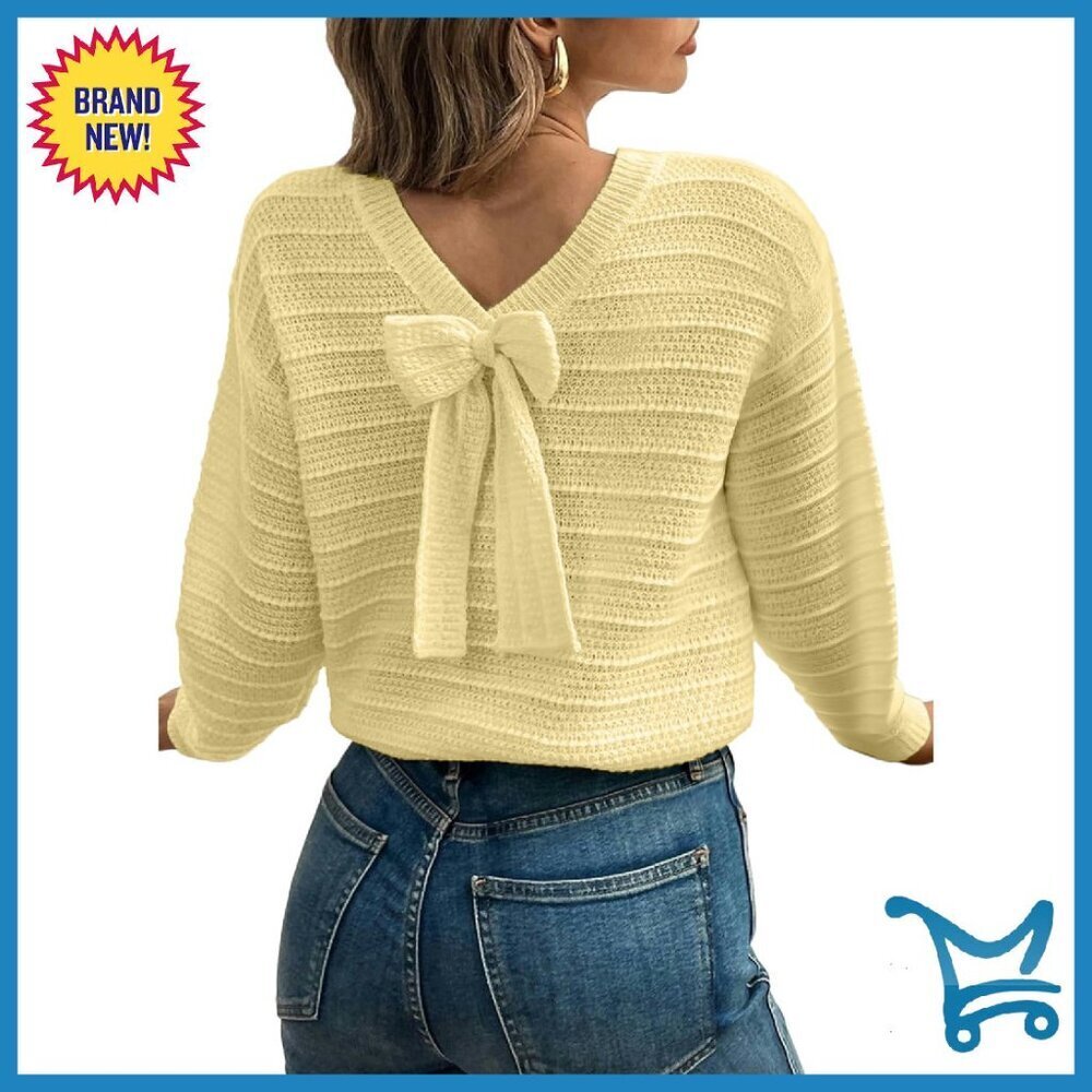 Long Sleeve Pullover Sweater with Back Bow Knot, Premium Knit Fabric